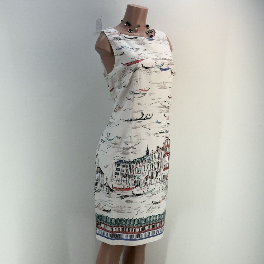 NEW Leslie Fay Venice Gondula Boat White Sleeveless Knee Length Shift Dress 14 - Picture 5 of 17